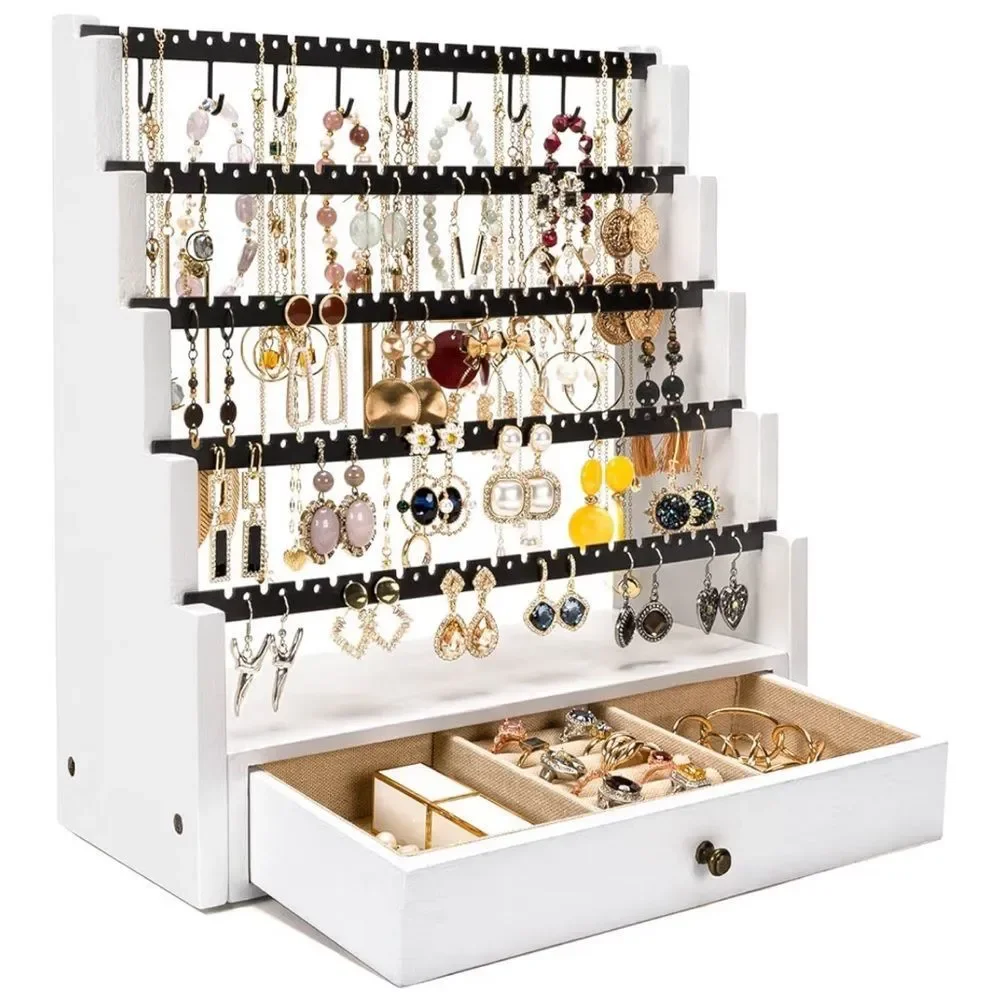 Wooden Jewelry Organizer Stand with Drawer - White and Black